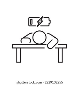 tired person in the workplace, tiredness or burnout icon, low level energy in work battery, exhausted and sleepy man, thin line symbol - editable stroke vector illustration