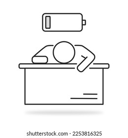 tired person in the workplace, tiredness or burnout icon, Low working battery power, Tired and sleepy man, thin line symbol - editable stroke vector illustration.