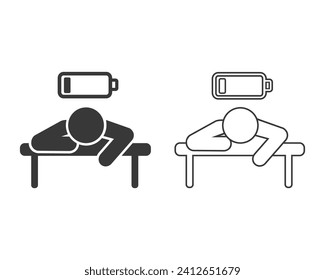 Tired person in the workplace, tiredness or burnout line icon set, low level energy in work battery, exhausted and sleepy man, editable stroke vector illustration