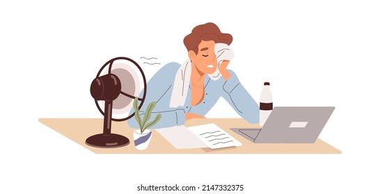 Tired person works in heat. Summer workday in office. Exhausted employee at laptop with fan in hot weather. Woman languish with high temperature. Flat vector illustration isolated on white background