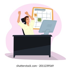 Tired personage working by laptop stretching taking break. Exhausted worker by monitor doing project in time. Schedule and timetable on wall, comfortable workplace and rest. Vector in flat style