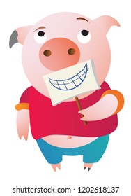 A tired pig is pretending. Holding a fake smile. Vector illustration. Symbol of the new year 2019 Isolated on transparent background. Excellent for the design of postcards, posters, stickers etc.  