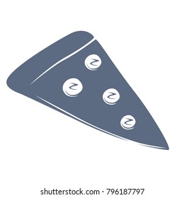 Tired pizza - A thin slice of pizza with 'Z' shapes on it in a muted, dull blue.  Vector art on a transparent background. 