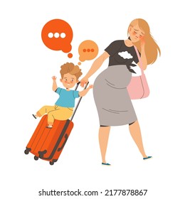 Tired Pregnant Mom Pulling Suitcase with Little Son Sitting on It Feeling Stress and Exhaustion of Noisy and Naughty Kid Vector Illustration