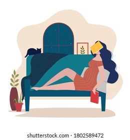 Tired pregnant woman resting and sleeping on the sofa with a book on her face. Take a nap while reading. Beauty female character at home interior. Isolated vector illustration