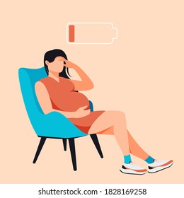 Tired pregnant woman sitting in chair flat cartoon illustration. Health pregnancy, hormones, depression, suffering, waiting for baby