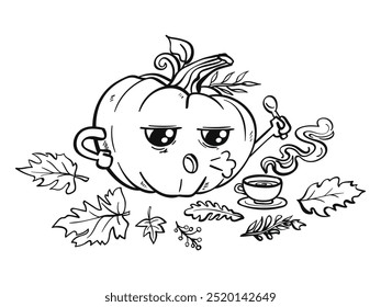 Cansado de calabaza de café tiempo para colorear página para niños actividad arte imprimible