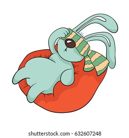 Tired rabbit with a blindfold resting in an easy chair. Vector illustration, isolated on white.