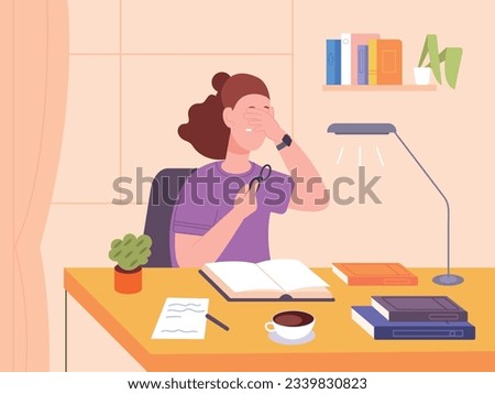Tired reading. Bored or sad student girl with strain eyes after read books before university test or overwhelmed study work in office, adhd problems concept vector illustration of tired student