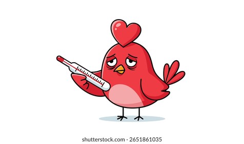 A Tired Red Bird Holds a Thermometer Indicating Illness and Discomfort
