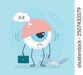 Tired red eye, problem of insomnia. Sleep disorder with capillaries and pupils. Comic eyeball mascot want sleep. Fatigue and stress. Conjunctivitis infection. Blood eyeballs. Sick illness look. vector