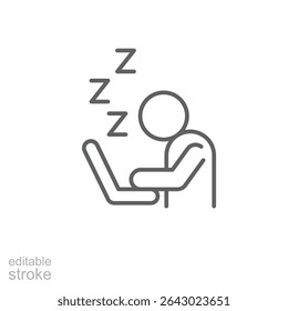 Tired remote worker icon. Simple outline style symbol of sleeping man at laptop from fatigue burnout or stress editable thin line stroke