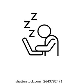 Tired remote worker icon. Simple outline style symbol of sleeping man at laptop from fatigue burnout or stress editable thin line