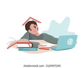 Tired sad boy reading books. Vector illustration on the theme of fatigue from the session, exams, tests and homework on a white background. Self-study, search for answers, procrastination. 