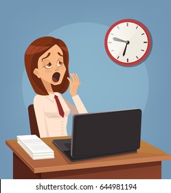 Tired Sad Busy Office Worker Woman Character Yawn. Vector Flat Cartoon Illustration