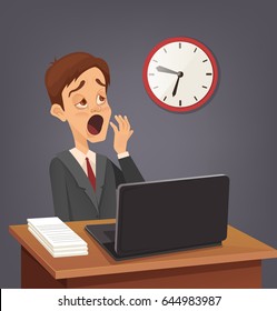 Tired sad busy office worker man character yawn. Vector flat cartoon illustration
