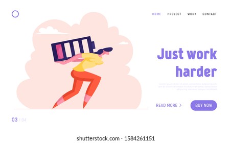 Tired Sad Employee Working from the Last Forces Website Landing Page. Haggard Businesswoman Carry Huge Battery with Low Red Charging Level on Back Web Page Banner. Cartoon Flat Vector Illustration