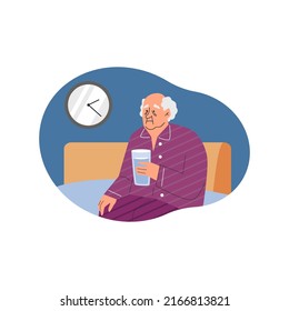 Tired sad grandfather sitting on bed with glass of water flat style, vector illustration isolated on white background. Insomnia concept, old character, late time