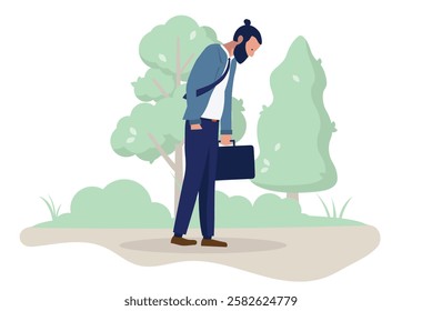 Tired and sad man walking outdoors - Businessman going home from work alone feeling lonely and down with hanging head. Flat design vector illustration on white background