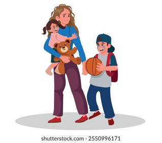 tired and sad mother seeing her children crying, stubborn child, vector illustration.
