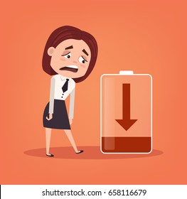 Tired sad office worker business woman character has no energy. Hard work. Vector flat cartoon illustration