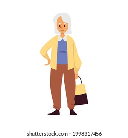 Tired sad old woman standing with shopping bag in hand. Elder lady, grandmother with poor health. Flat cartoon vector illustration isolated on a white