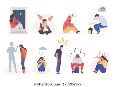 Tired sad people depressed. Lonely pain young girl guy suffering domestic violence exhausted sad teenagers tomorrow depression pressure loved ones despair sadness. Cartoon color vector.