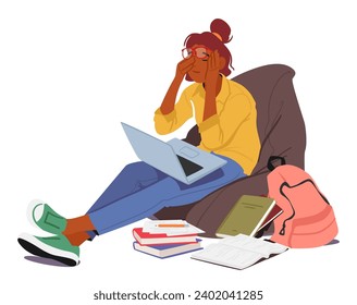 Cansada, Triste Estudiante Con Portátil, Rodeada De Una Montaña De Libros, Abrumada Por El Peso De Los Estudios, Anhelando Un Momento De Descanso Y Alivio De Las Presiones Académicas. Ilustración del vector de dibujos animados