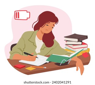 Tired, Sad Student Girl Sits Amidst A Pile Of Books, Shoulders Slumped And Eyes Weary. Character Feeling Overwhelmed By The Weight Of Knowledge And The Pressures Of Academia. Vector Illustration