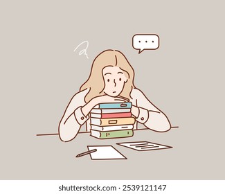 Uma Estudante Cansada E Triste Senta-Se Em Meio A Uma Pilha De Livros, Os Ombros Derramados E Os Olhos Cansados. Ilustrações de design de vetor de estilo desenhado à mão.