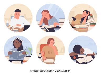 Tired sad students study without motivation in round avatar set vector illustration. Cartoon bored teens doing homework, portraits of exhausted boy and girl isolated on white. Education concept