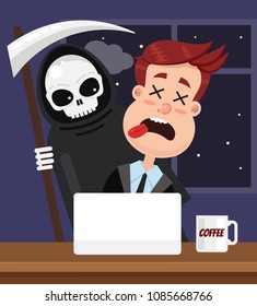 Tired sad unhappy overworked office worker manager character died workplace. Hard paper work employee problems concept. Vector flat cartoon isolated design graphic illustration