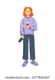 Tired sad woman with bottle of wine. Drunk woman with alcohol addiction. Alcoholic female. Vector illustration