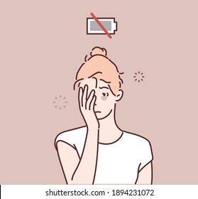 Tired sad  woman character has no energy. Hand drawn style vector design illustrations.