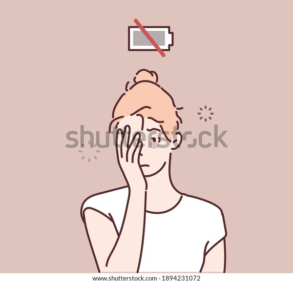 Tired sad  woman character has no energy.\
Hand drawn style vector design\
illustrations.