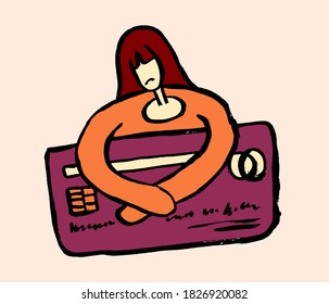Tired sad woman with a huge plastic discount card or credit card. The woman is upset and unhappy. She is uncomfortable holding a plastic card. Bad, dislike, disagree, negative concept illustration.