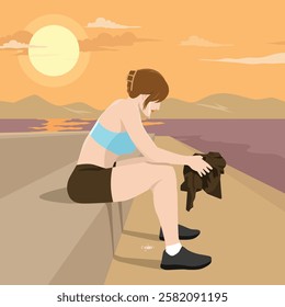 Tired sad woman sits on a concrete ledge, gazing downward, holding a jacket on the sunset. Flat vector illustration isolated on white background