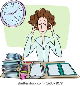 Tired Sad Woman under the clock in office