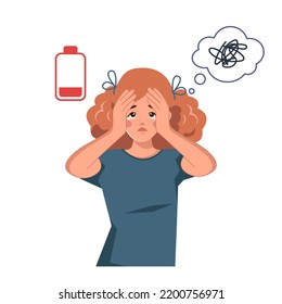 Tired sad young girl with chaos in her head. Emotional burnout, neurosis, stress, overwork, fatigue, anxiety, exhaustion. The concept of mental health preservation. Vector illustration