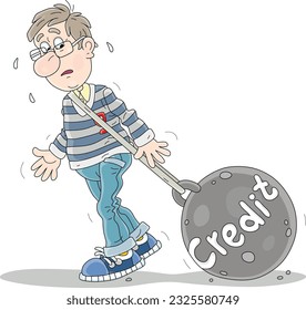 Tired and sad young man in debt pulling a heavy bank credit, a borrower repaying monthly interest on his loan, vector cartoon illustration isolated on a white background