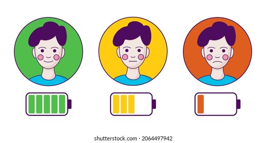 Tired Sad Young Man With Low Energy Level And Energy Happy Man. Vector Flat Modern Style Illustration Character Icon Design. Isolated On White Background. Battery Icon