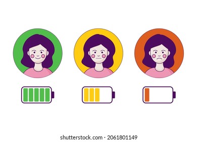 Tired Sad Young Woman With Low Energy Level And Energy Happy Man. Vector Flat Modern Style Illustration Character Icon Design. Isolated On White Background. Battery Icon