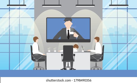 Tired salary man sleeps while in by video conference meeting. Business teleconference people meeting in conference room with boss. exhausted employee take a nap in office hour. Vector illustration