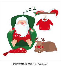 Tired Santa Claus and Deer sleeping on chair isolated on white background. Christmas concept. Vector illustration.