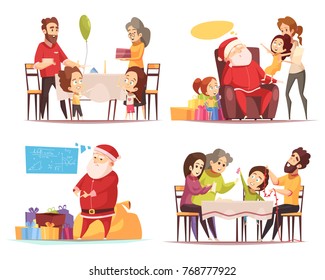 Tired santa claus with presents and people celebrating christmas 2x2 design concept isolated on white background cartoon vector illustration