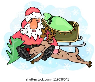 Tired Santa Claus and reindeer