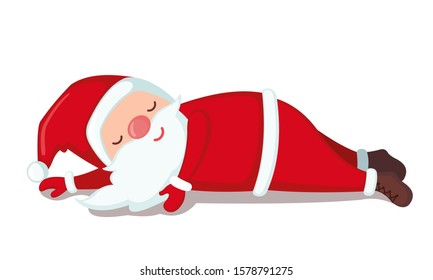 Tired Santa Claus sleeping on floor in cartoon style isolated on white background. Christmas concept. Vector illustration.