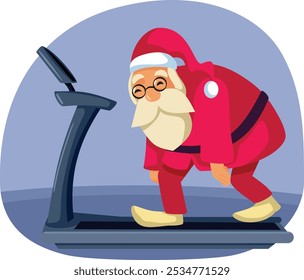 
Tired Santa Running on a Treadmill Feeling Exhausted Vector Cartoon. Sad fatigued elderly Santa Claus feeling overwhelmed after Christmas
