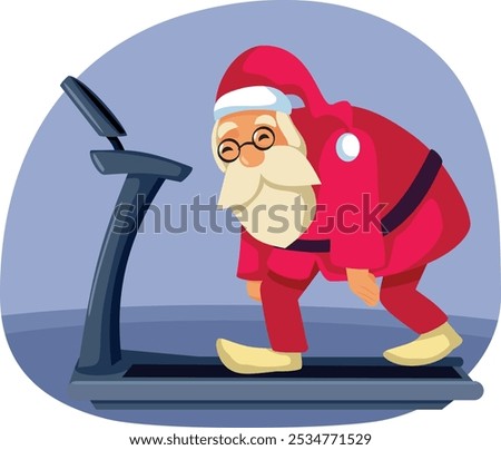 
Tired Santa Running on a Treadmill Feeling Exhausted Vector Cartoon. Sad fatigued elderly Santa Claus feeling overwhelmed after Christmas
