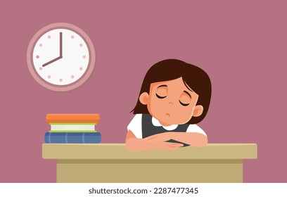 
Tired School Girl Resting her Head on the Desk Vector Cartoon Illustration. Little child falling asleep during classes feeling exhausted and bored
